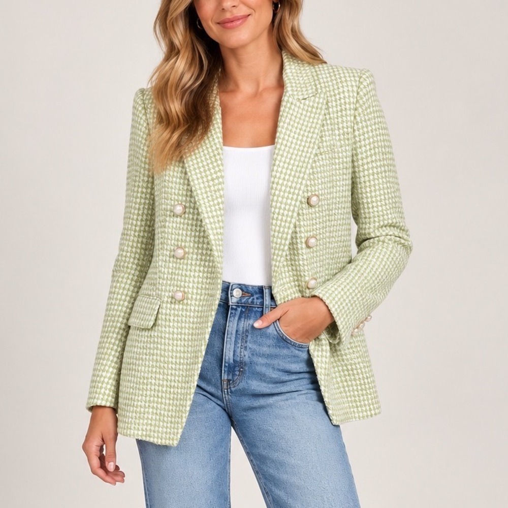 House of Harlow Green Houndstooth Tweed Double Breasted Blazer Large